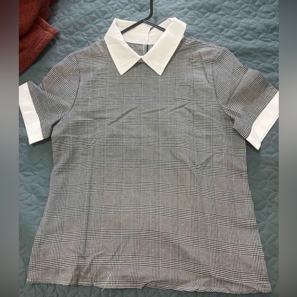 Gray Houndstooth Plaid Blouse Shirt White Collar - Picture 15 of 15